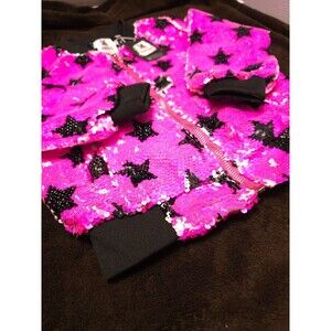 Girls Hot Pink Bomber Jacket with Stars Flip Sequin-Side Pockets, Size 6 kids.